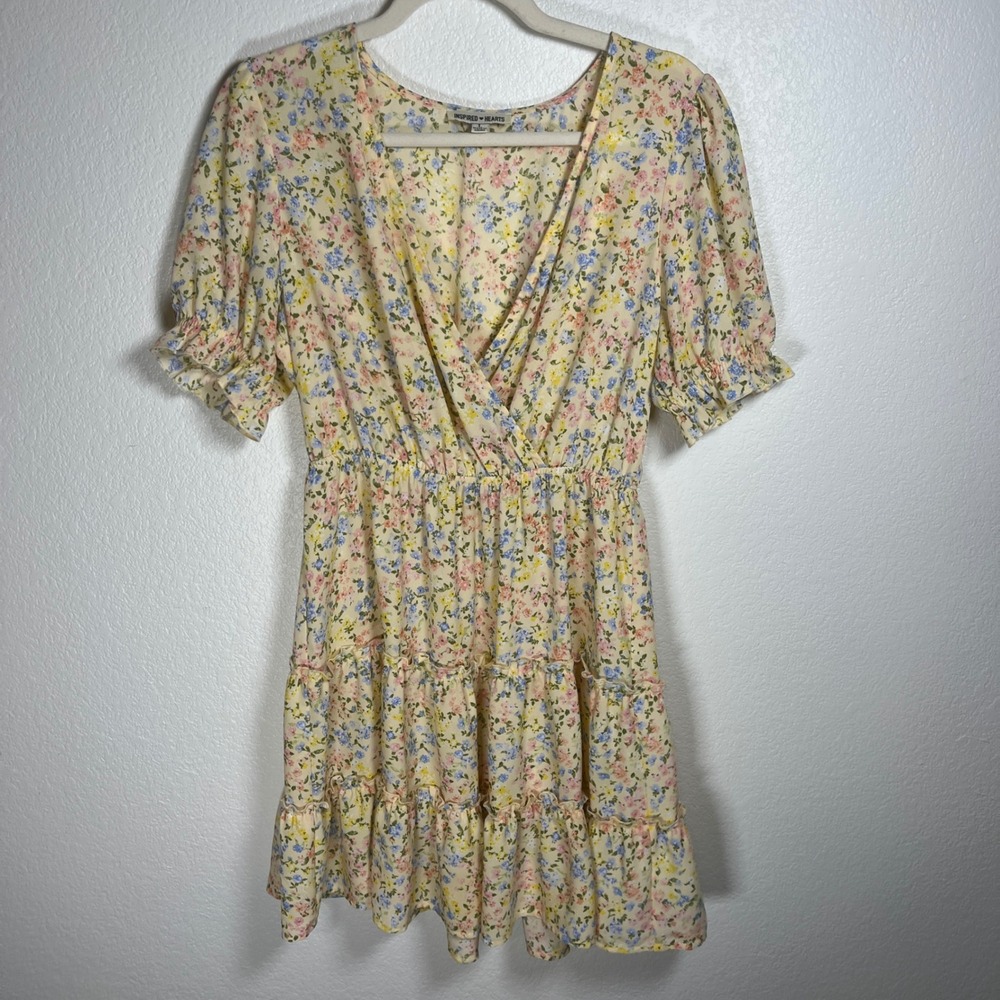 Inspired Hearts Floral Tea Party Mini Dress Yellow Blue Pink Tiered Ruffles Sz L